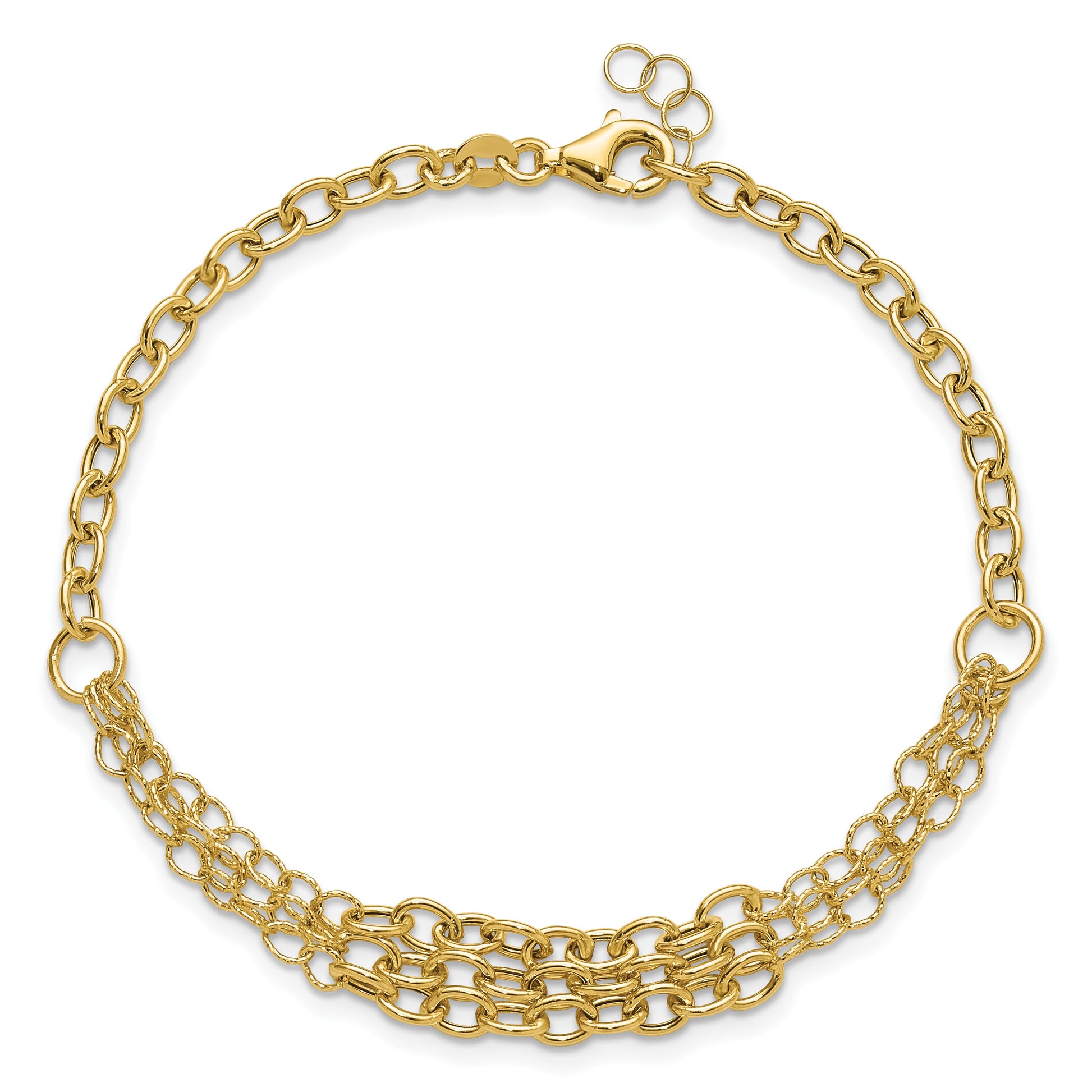14K Polished and Textured Fancy Cable with 3-Strand Center 7.5 inch Bracelet Plus 0.5 inch Extender