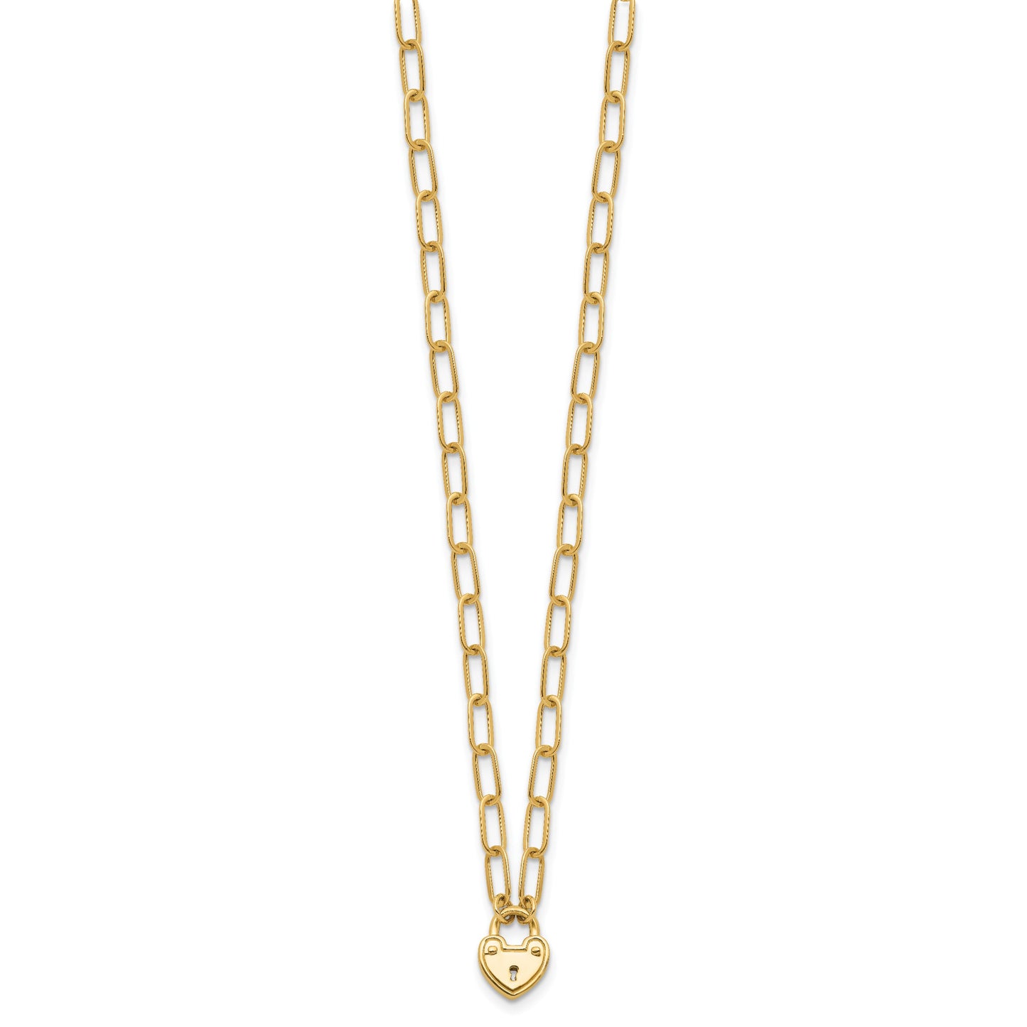 14K Polished Heart Lock Charm Paperclip Link 17.25 inch Necklace