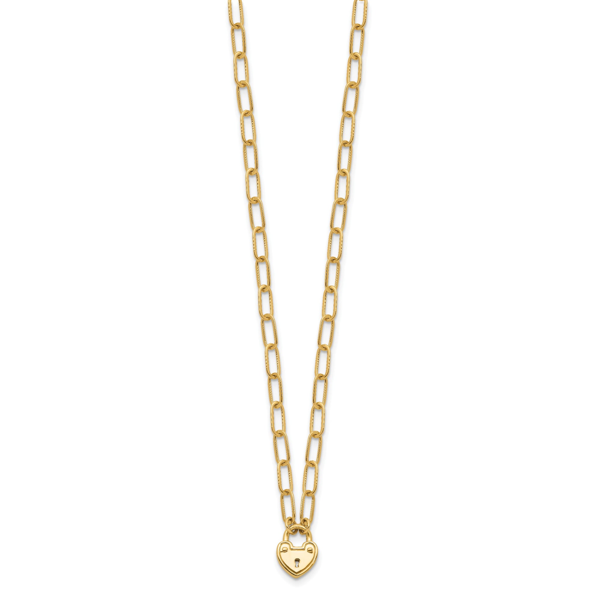 14K Polished Heart Lock Charm Paperclip Link 17.25 inch Necklace
