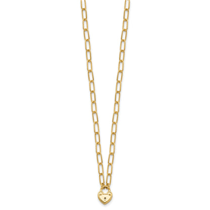 14K Polished Heart Lock Charm Paperclip Link 17.25 inch Necklace