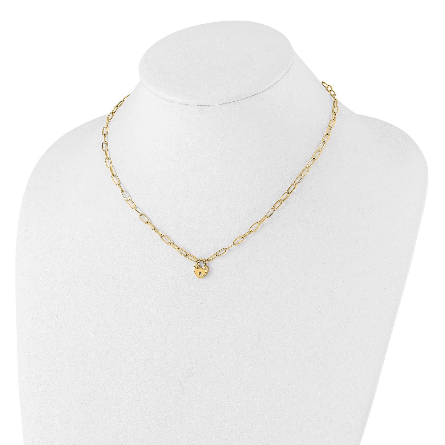 14K Polished Heart Lock Charm Paperclip Link 17.25 inch Necklace