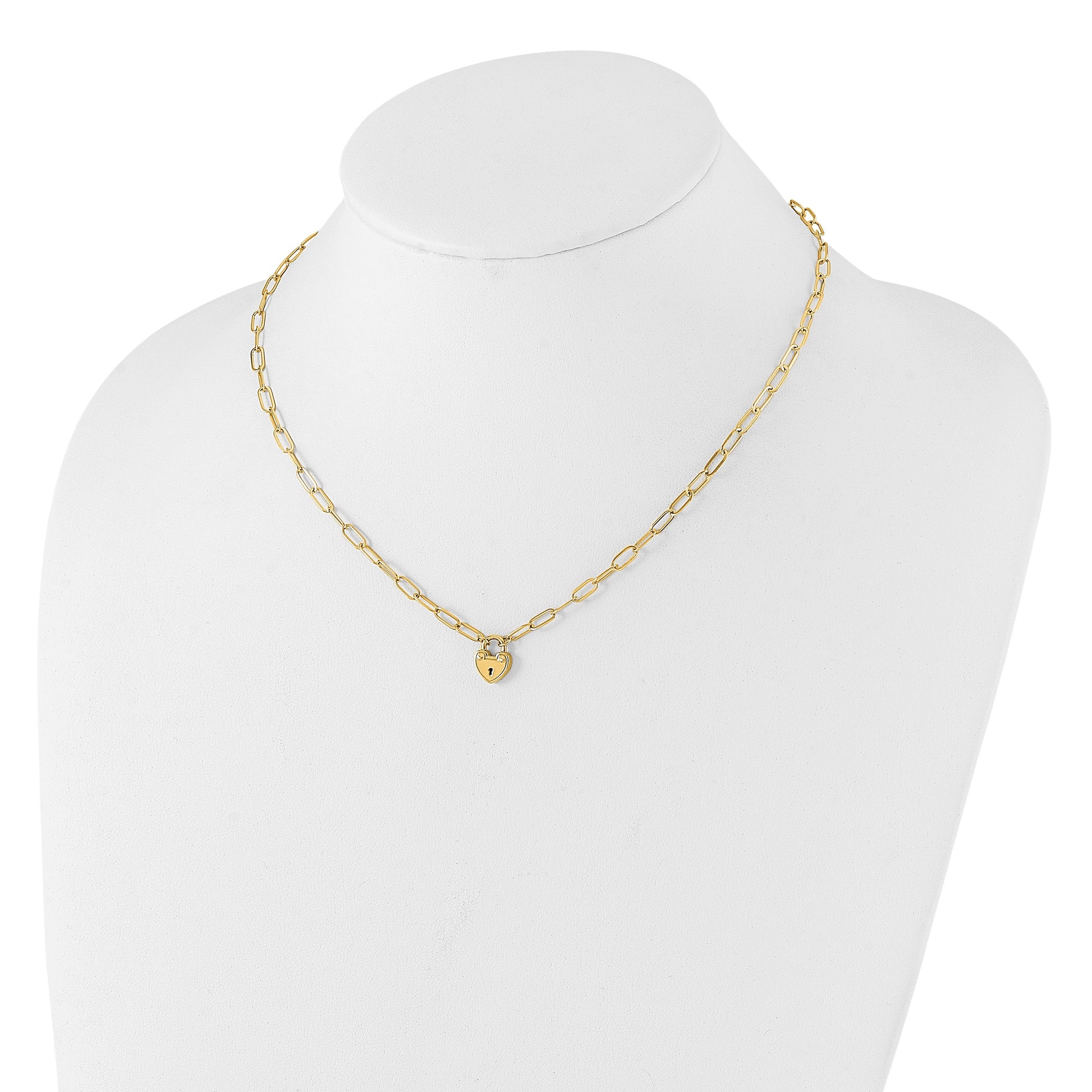 14K Polished Heart Lock Charm Paperclip Link 17.25 inch Necklace