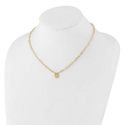 14K Polished Heart Lock Charm Paperclip Link 17.25 inch Necklace