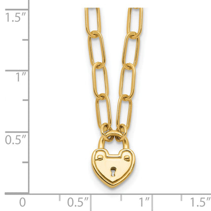 14K Polished Heart Lock Charm Paperclip Link 17.25 inch Necklace
