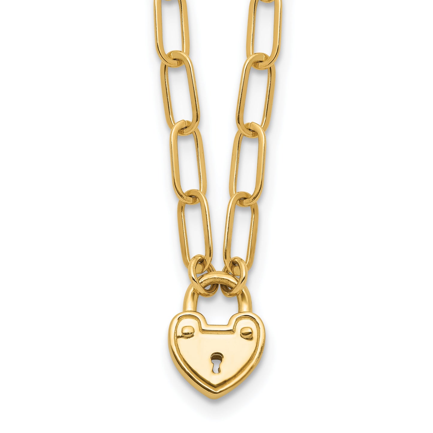 14K Polished Heart Lock Charm Paperclip Link 17.25 inch Necklace