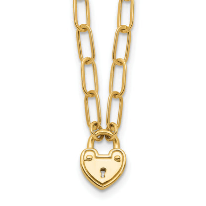 14K Polished Heart Lock Charm Paperclip Link 17.25 inch Necklace