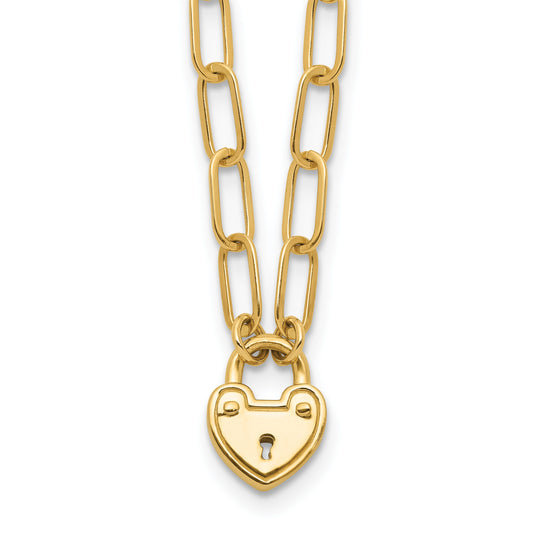 14K Polished Heart Lock Charm Paperclip Link 17.25 inch Necklace