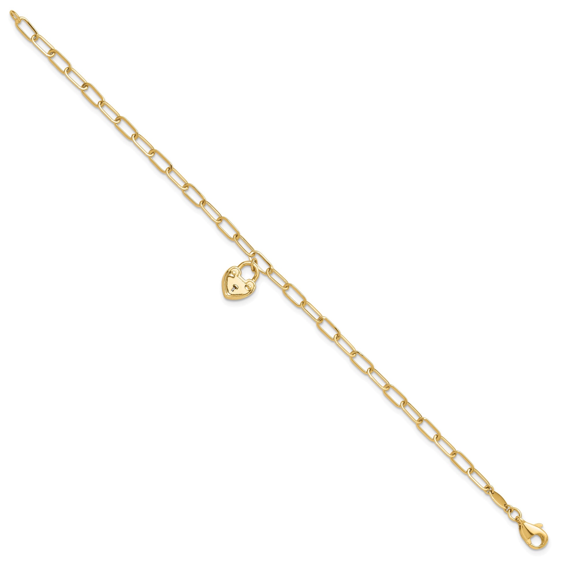 14K Polished Heart Lock Charm Paperclip Link 7.5 inch Bracelet