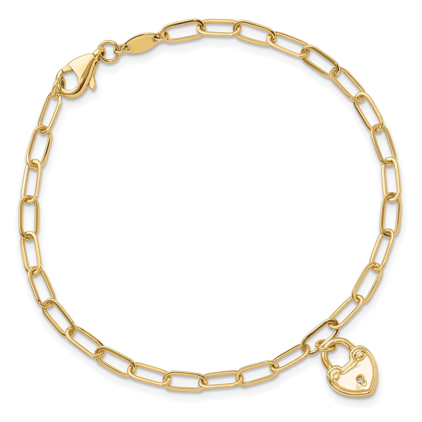 14K Polished Heart Lock Charm Paperclip Link 7.5 inch Bracelet