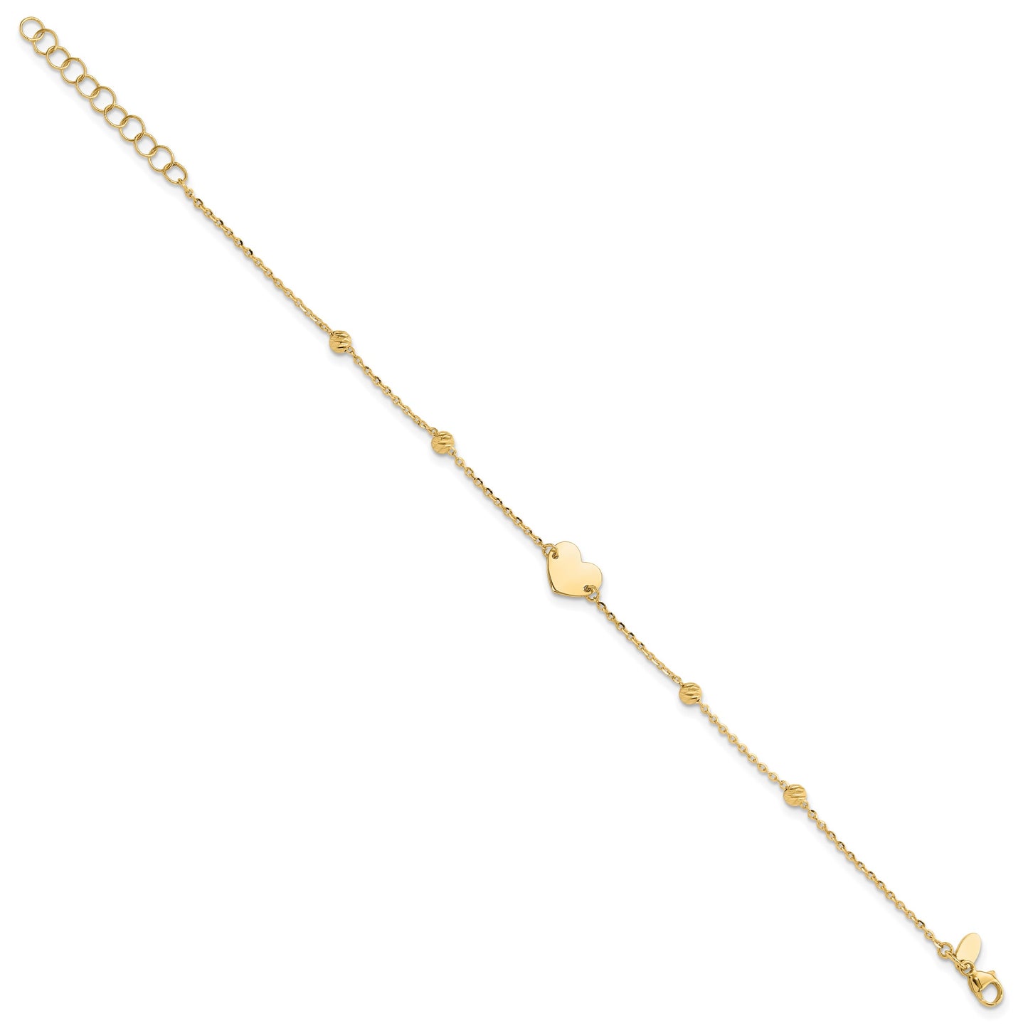 14K Polished Heart and Diamond-cut Beads 6.5 inch Bracelet Plus 1 inch Extension