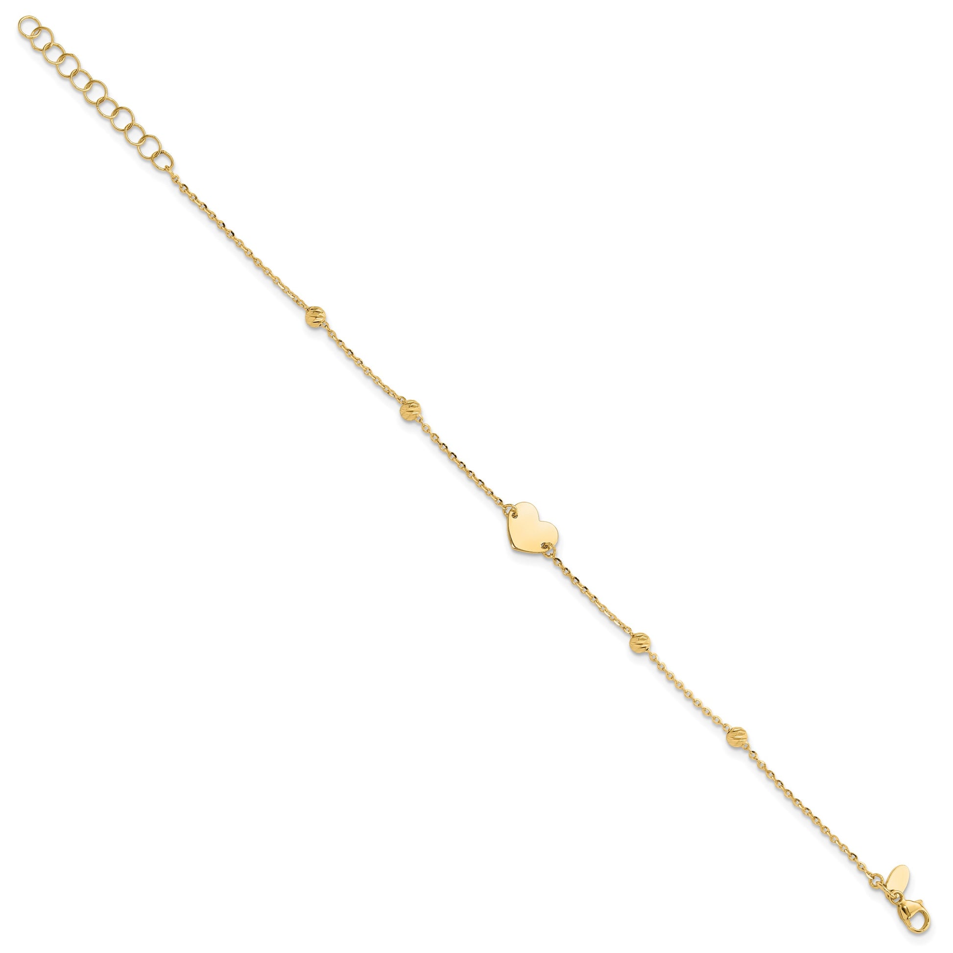 14K Polished Heart and Diamond-cut Beads 6.5 inch Bracelet Plus 1 inch Extension