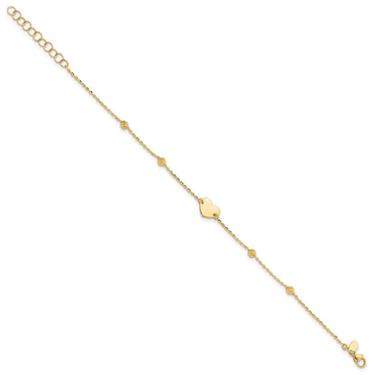 14K Polished Heart and Diamond-cut Beads 6.5 inch Bracelet Plus 1 inch Extension