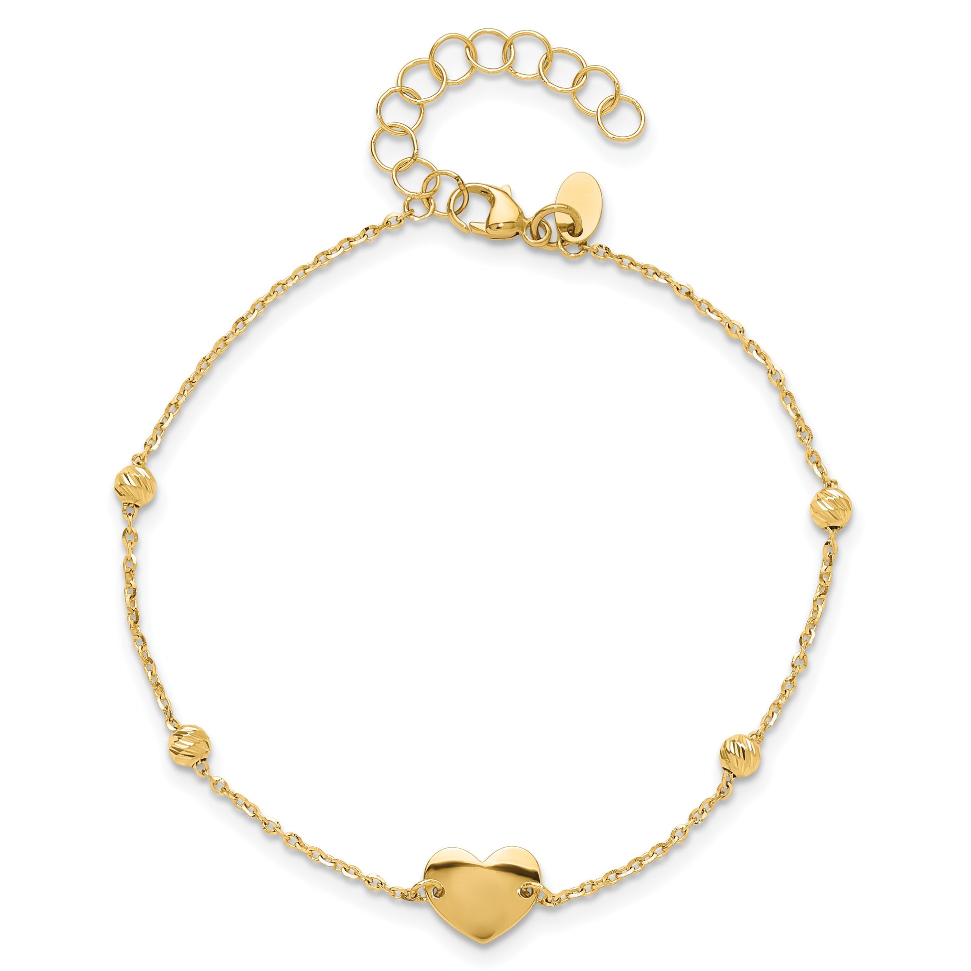 14K Polished Heart and Diamond-cut Beads 6.5 inch Bracelet Plus 1 inch Extension