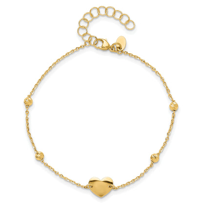 14K Polished Heart and Diamond-cut Beads 6.5 inch Bracelet Plus 1 inch Extension