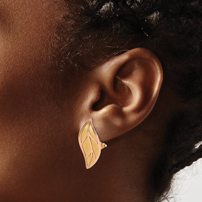 14K Two-tone Rose and Yellow Polished and Brushed Leaf Omega Back Post Earrings