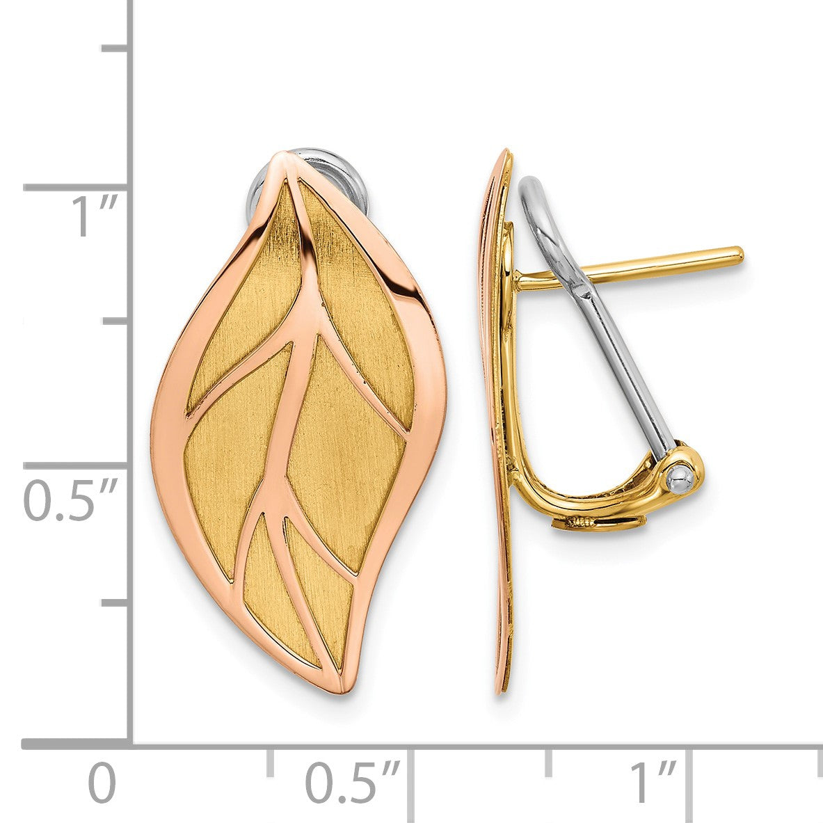 14K Two-tone Rose and Yellow Polished and Brushed Leaf Omega Back Post Earrings