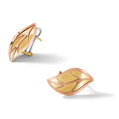 14K Two-tone Rose and Yellow Polished and Brushed Leaf Omega Back Post Earrings