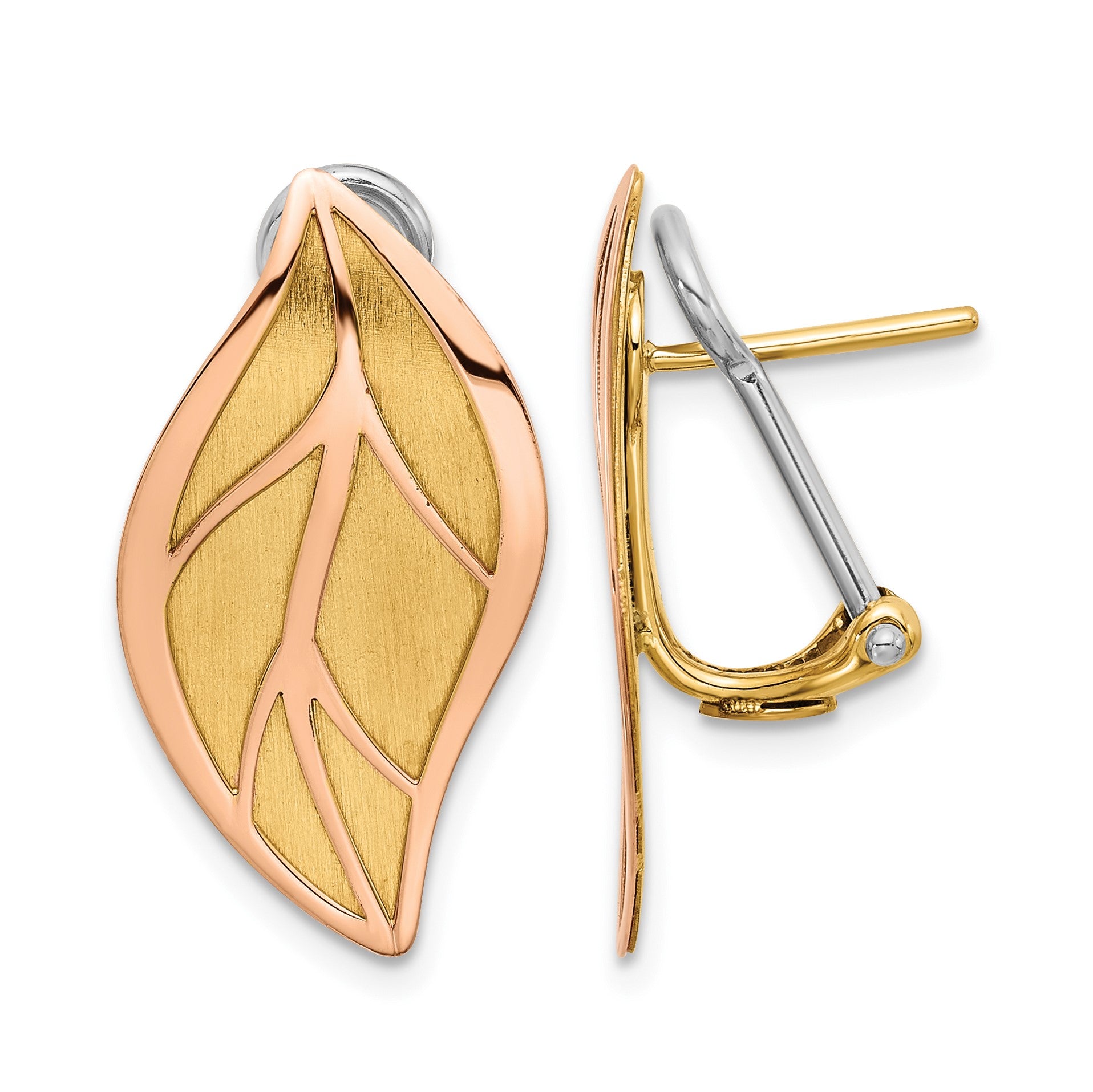 14K Two-tone Rose and Yellow Polished and Brushed Leaf Omega Back Post Earrings