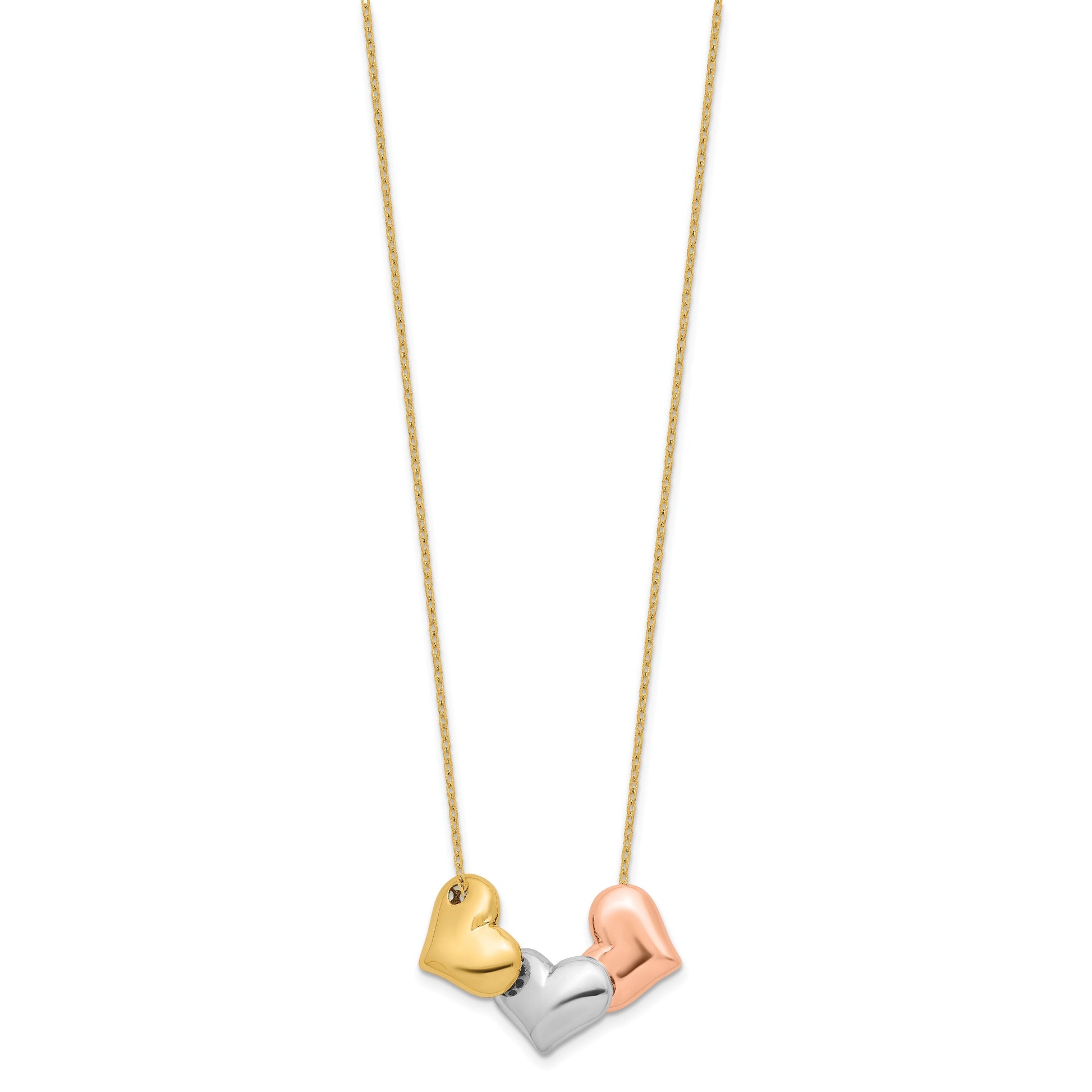 14K Tri-color Polished Three Hearts 17 inch Necklace Plus 1 inch Extender