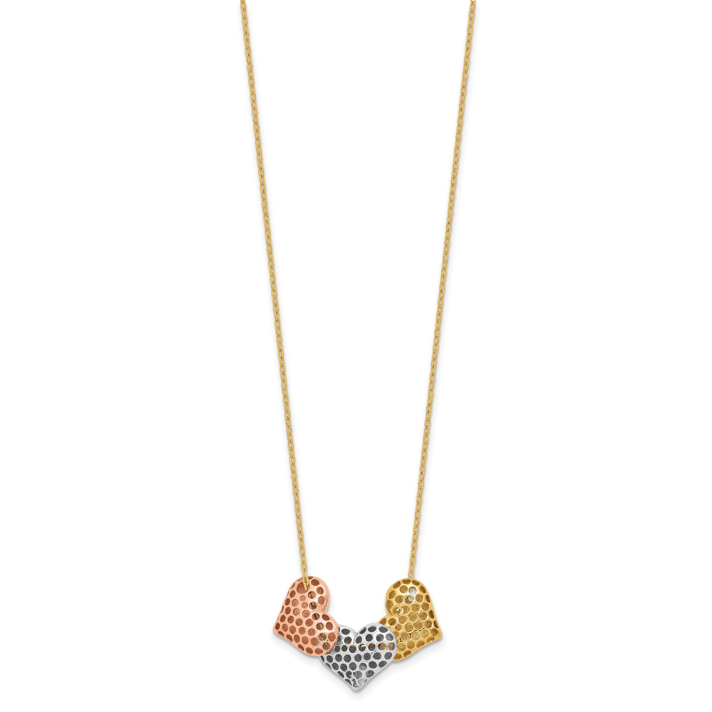 14K Tri-color Polished Three Hearts 17 inch Necklace Plus 1 inch Extender