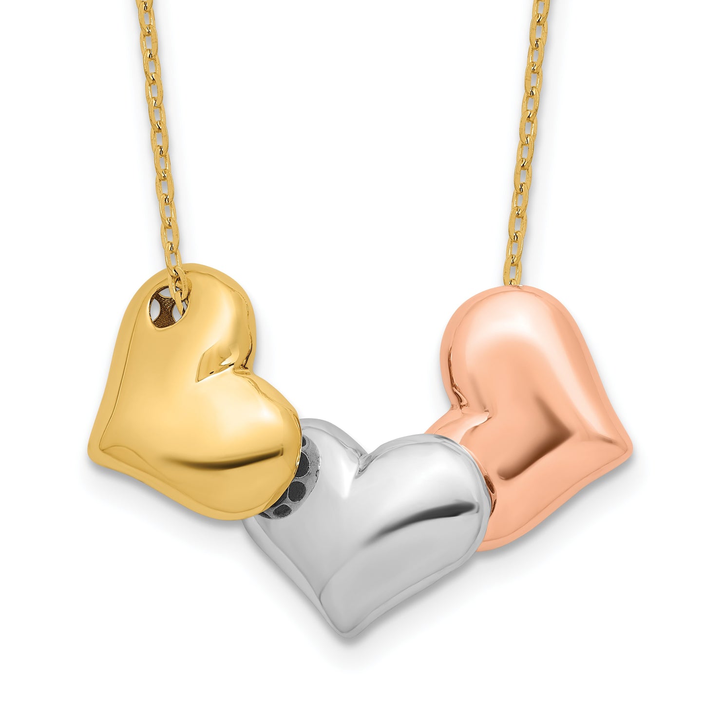 14K Tri-color Polished Three Hearts 17 inch Necklace Plus 1 inch Extender