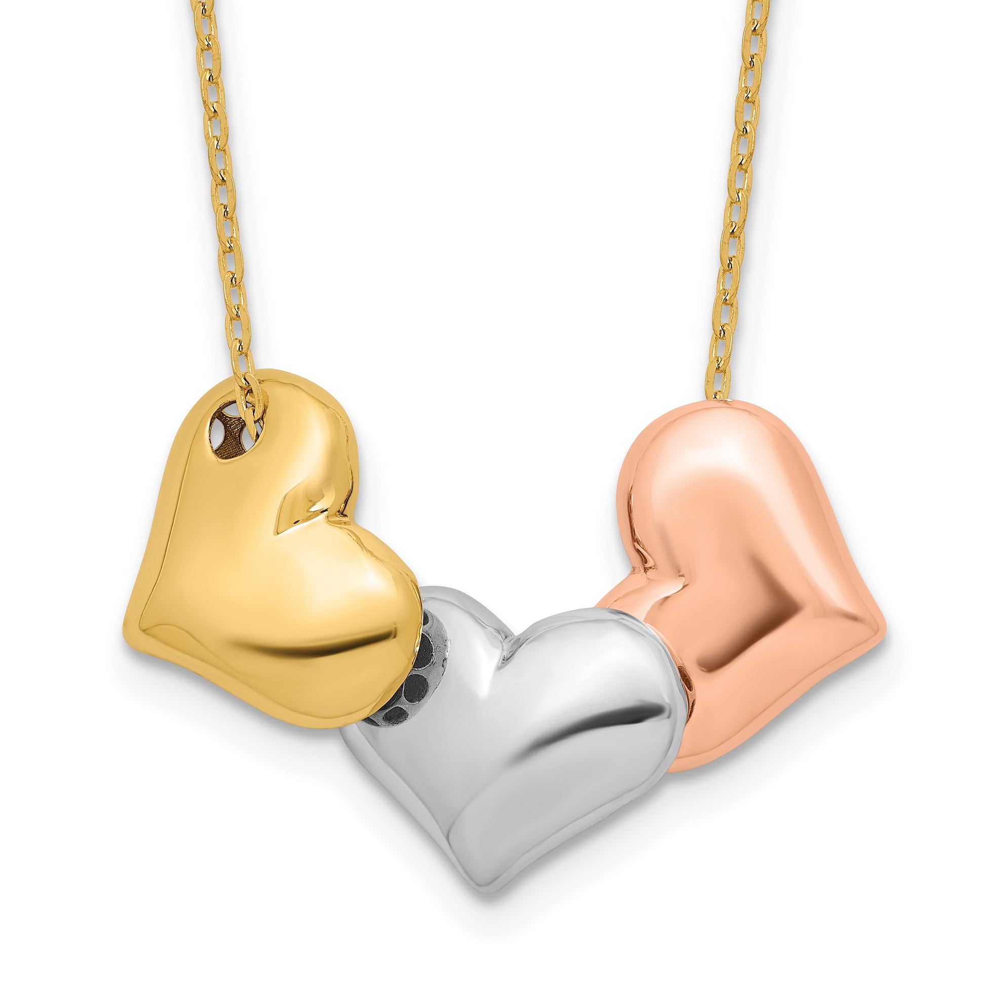 14K Tri-color Polished Three Hearts 17 inch Necklace Plus 1 inch Extender