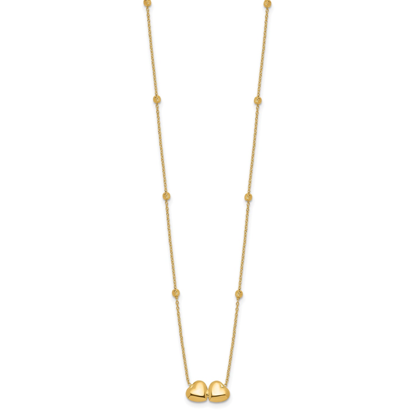 14K Polished Double Heart with Diamond-cut Beads 16 inch Necklace Plus 2 inch Extender