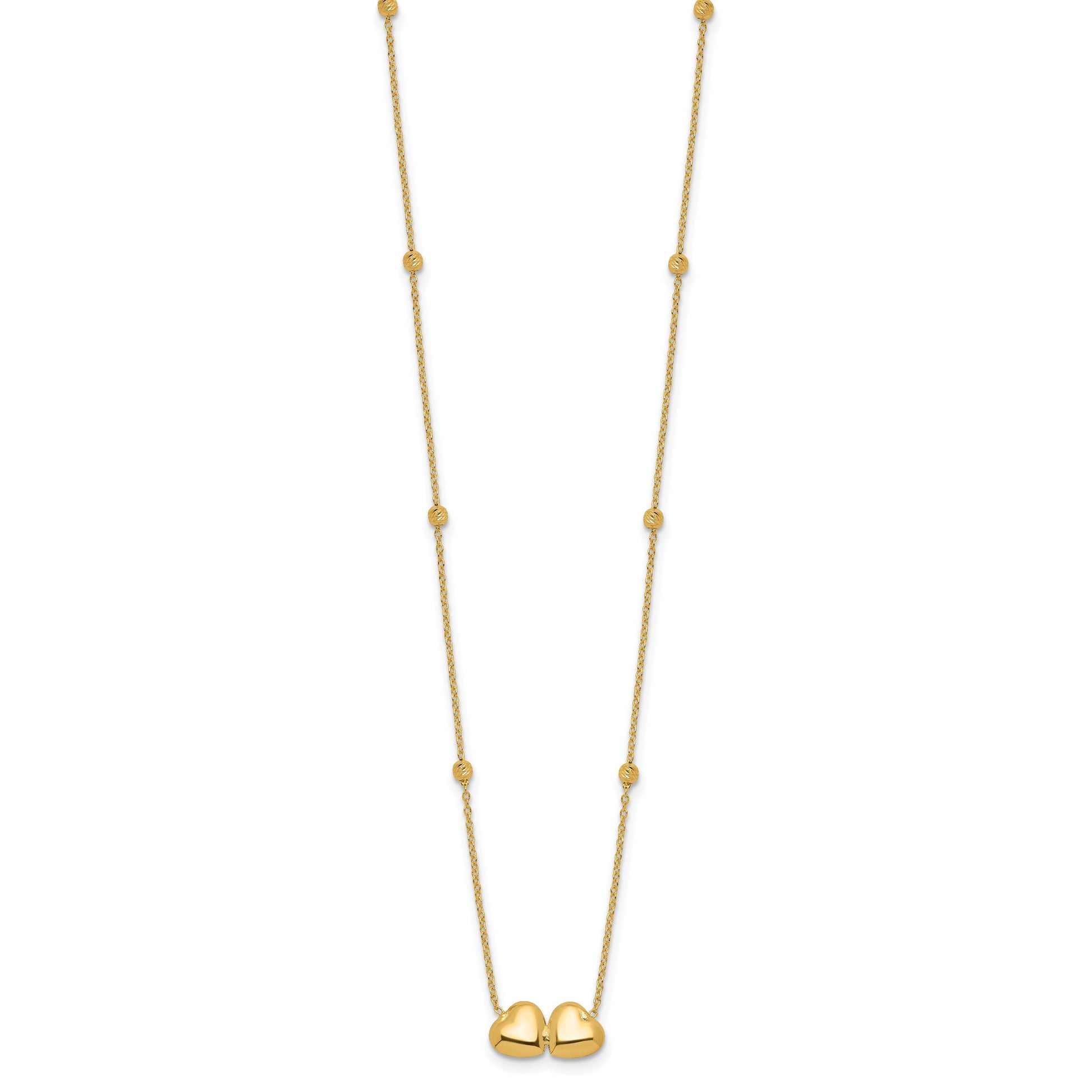 14K Polished Double Heart with Diamond-cut Beads 16 inch Necklace Plus 2 inch Extender
