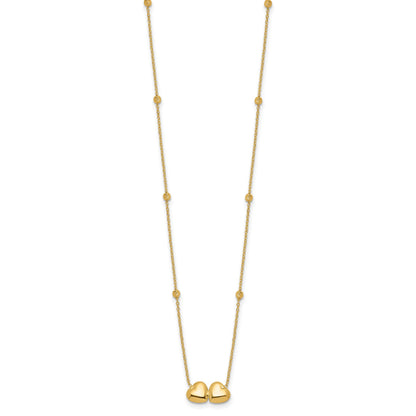 14K Polished Double Heart with Diamond-cut Beads 16 inch Necklace Plus 2 inch Extender