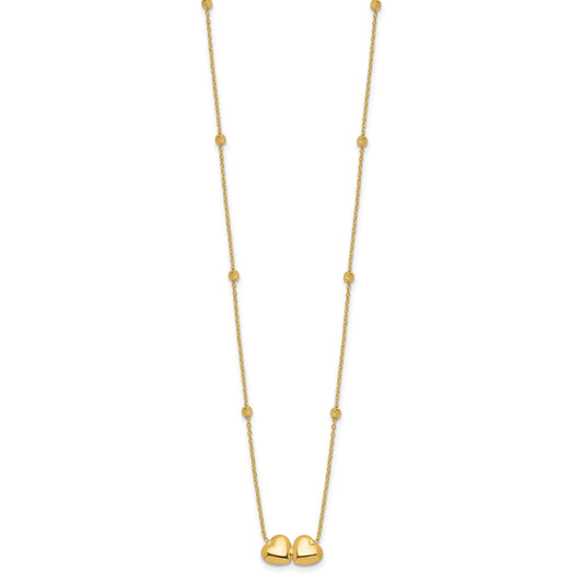14K Polished Double Heart with Diamond-cut Beads 16 inch Necklace Plus 2 inch Extender