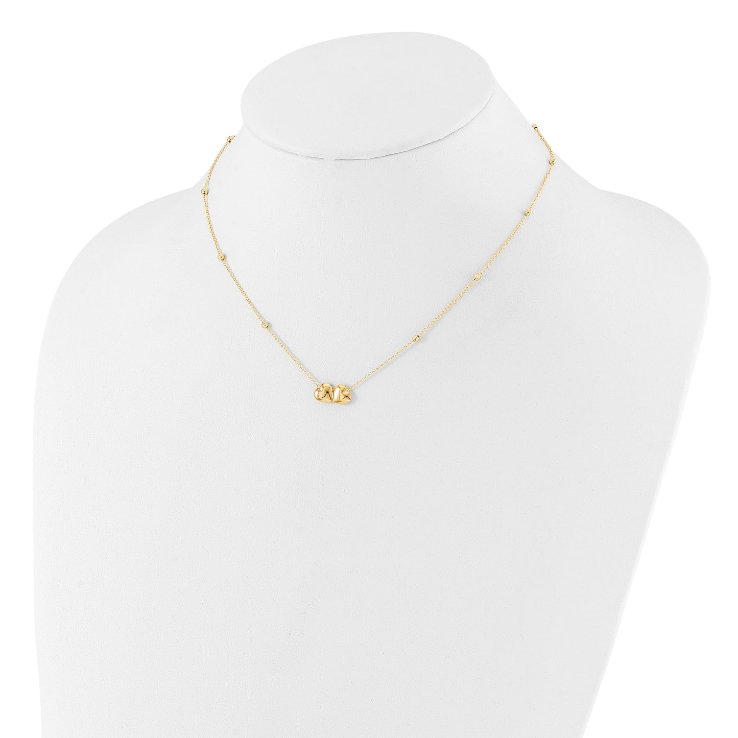 14K Polished Double Heart with Diamond-cut Beads 16 inch Necklace Plus 2 inch Extender
