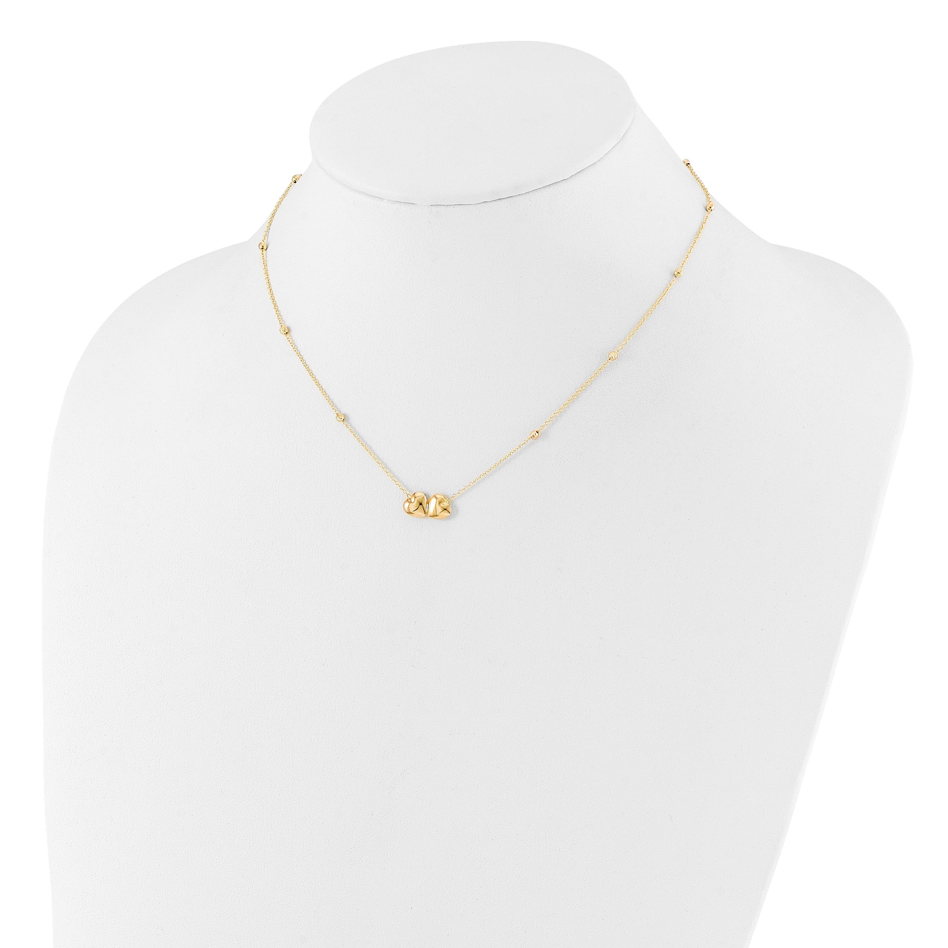 14K Polished Double Heart with Diamond-cut Beads 16 inch Necklace Plus 2 inch Extender