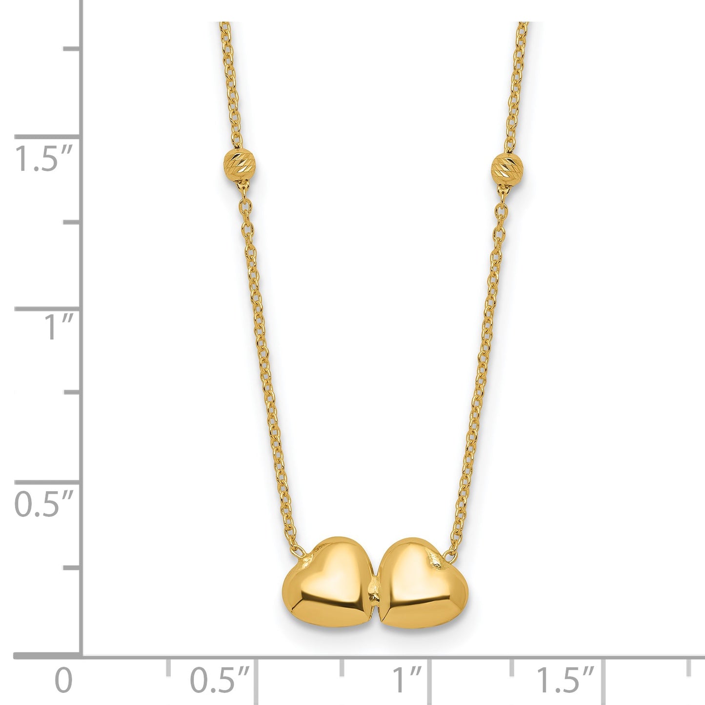 14K Polished Double Heart with Diamond-cut Beads 16 inch Necklace Plus 2 inch Extender
