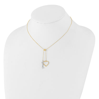 14K Two-tone Polished Adjustable-Dangle Heart and Key 17 inch Lariat Necklace