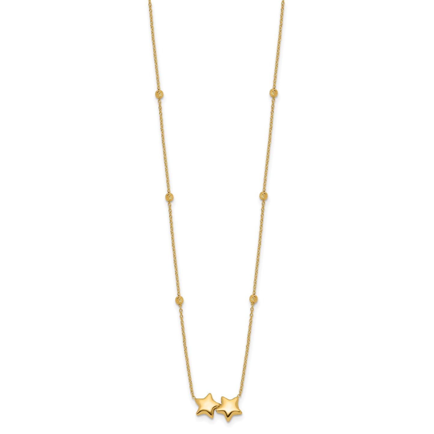 14K Polished Double Star with Diamond-cut Beads 16 inch Necklace Plus 2 inch Extender