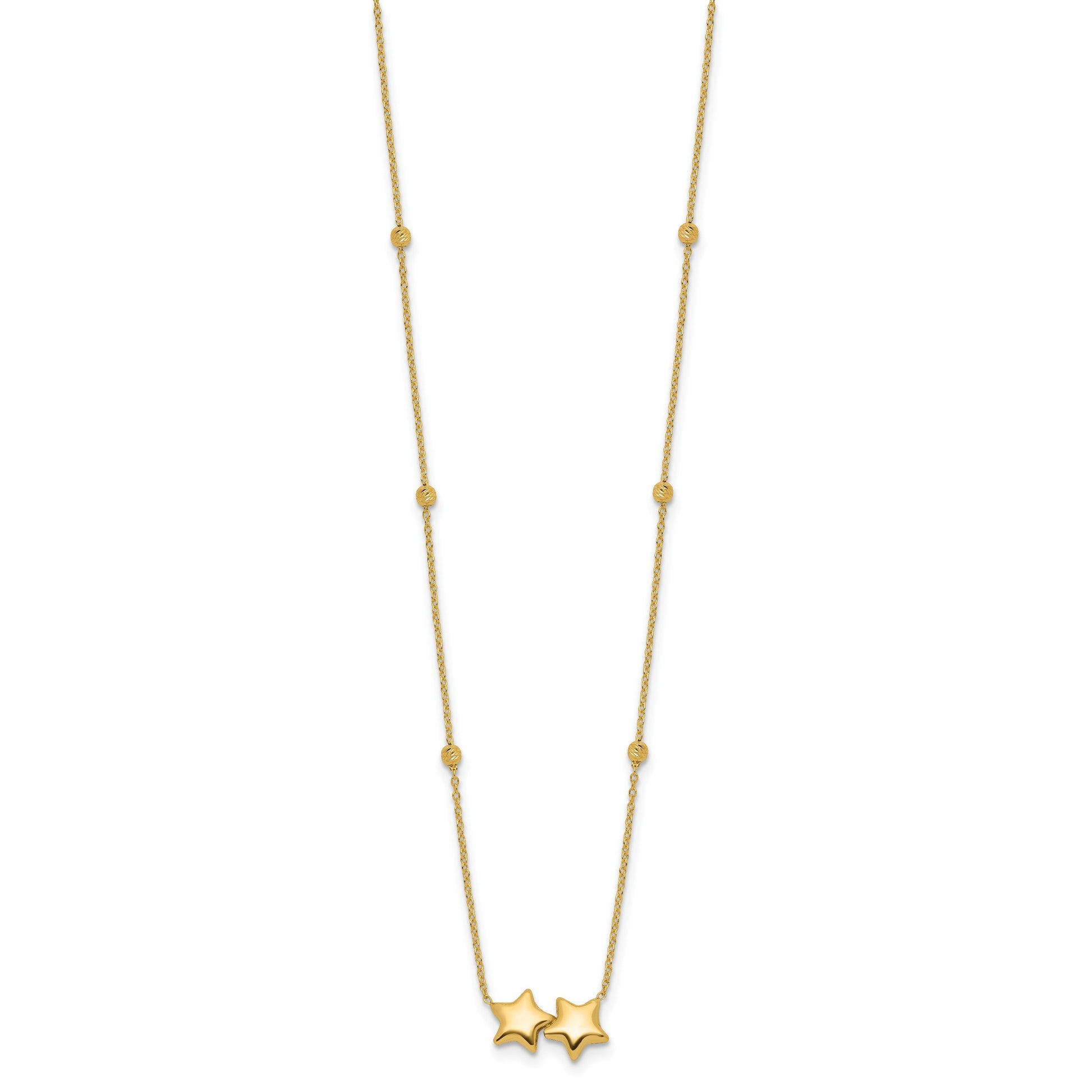 14K Polished Double Star with Diamond-cut Beads 16 inch Necklace Plus 2 inch Extender