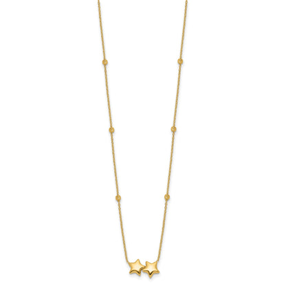 14K Polished Double Star with Diamond-cut Beads 16 inch Necklace Plus 2 inch Extender
