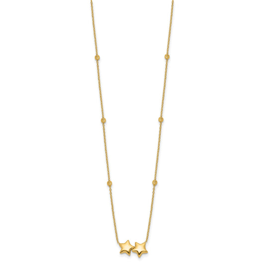 14K Polished Double Star with Diamond-cut Beads 16 inch Necklace Plus 2 inch Extender