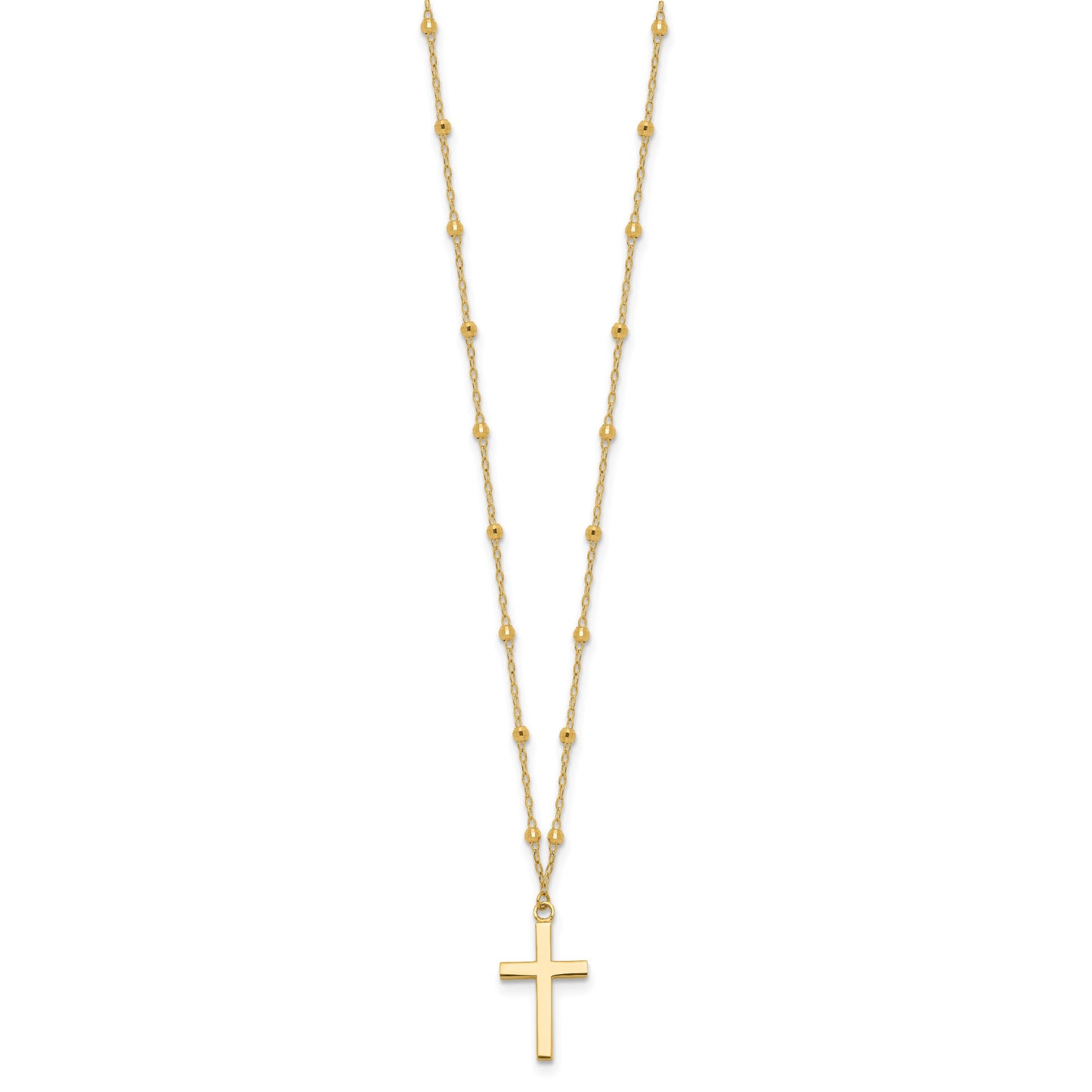 14K Mirror Beaded Chain with Polished Cross Pendant 16.25 inch Necklace Plus 2 inch Extender