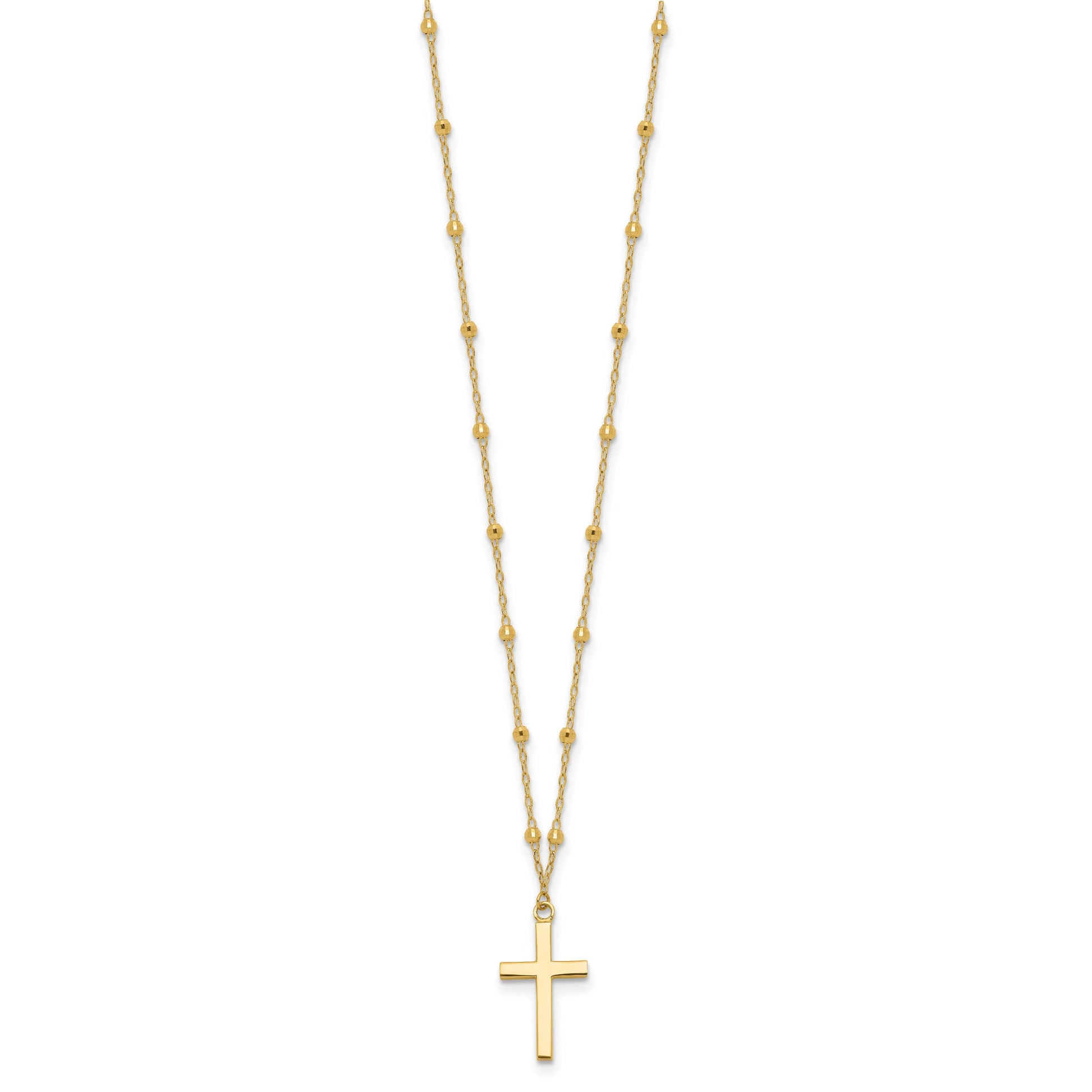 14K Mirror Beaded Chain with Polished Cross Pendant 16.25 inch Necklace Plus 2 inch Extender