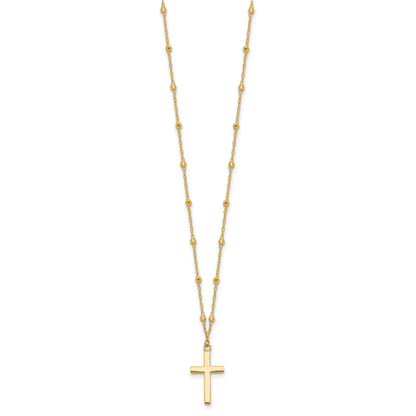 14K Mirror Beaded Chain with Polished Cross Pendant 16.25 inch Necklace Plus 2 inch Extender