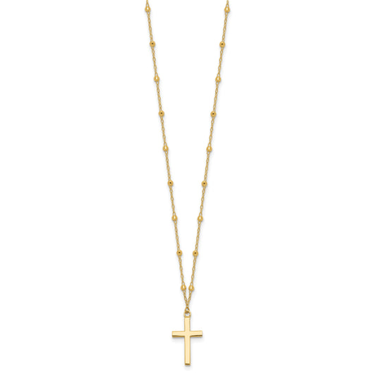 14K Mirror Beaded Chain with Polished Cross Pendant 16.25 inch Necklace Plus 2 inch Extender