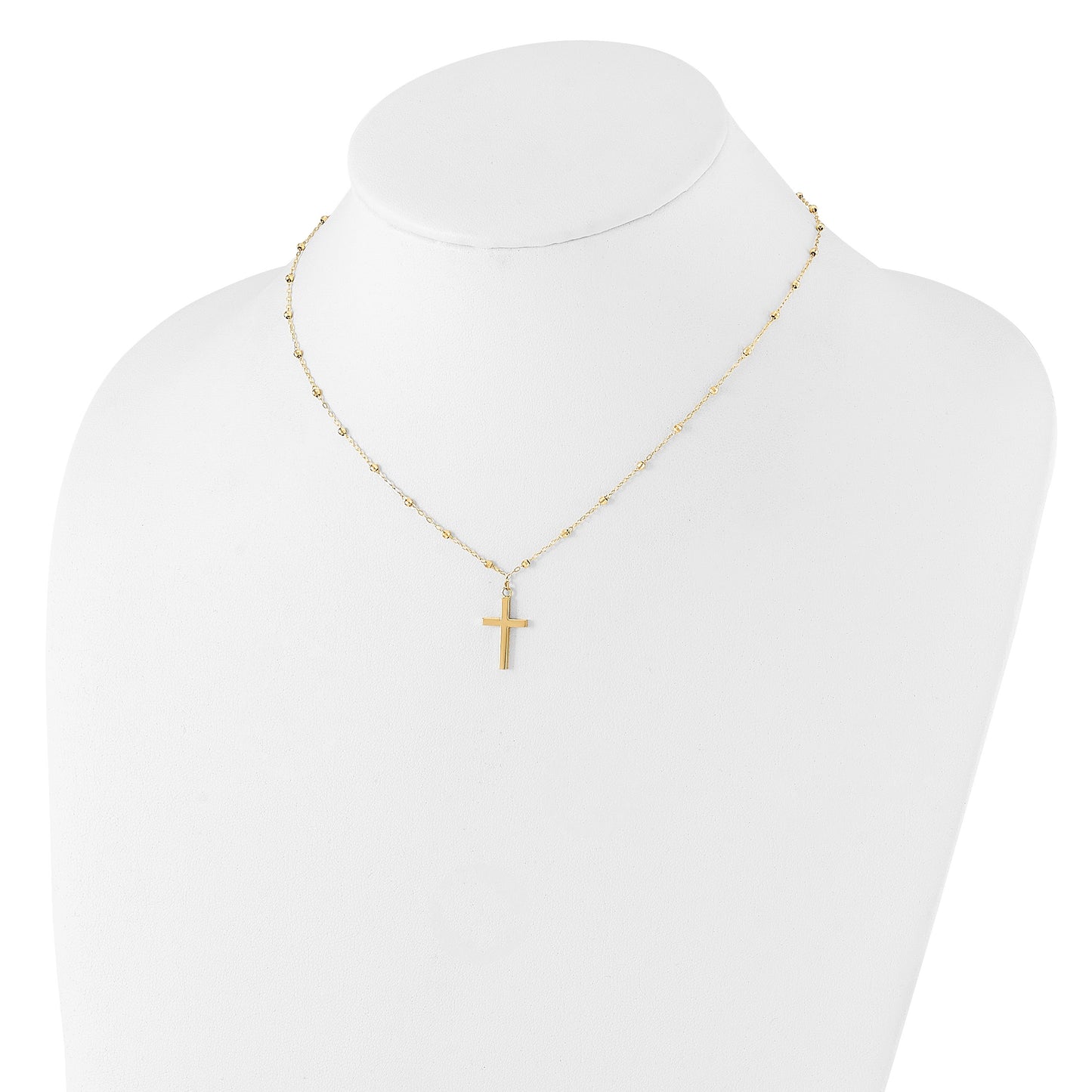 14K Mirror Beaded Chain with Polished Cross Pendant 16.25 inch Necklace Plus 2 inch Extender