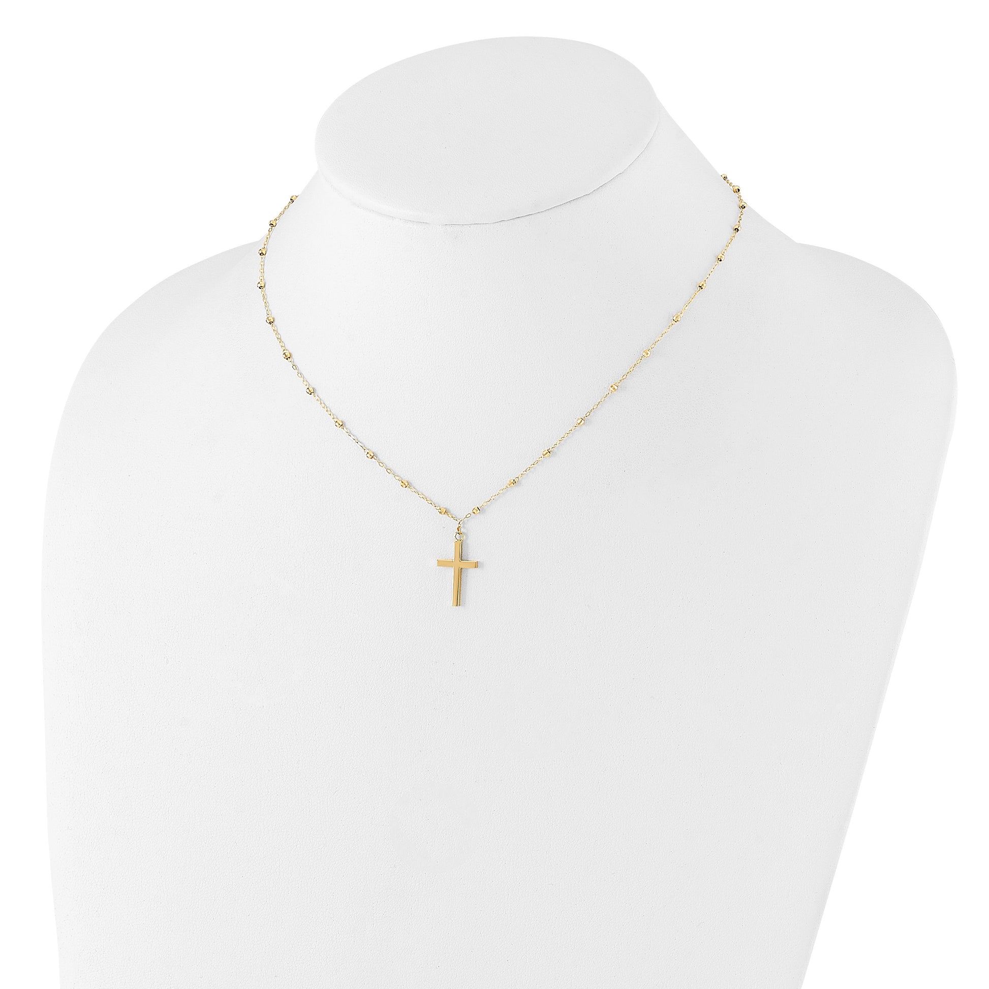 14K Mirror Beaded Chain with Polished Cross Pendant 16.25 inch Necklace Plus 2 inch Extender