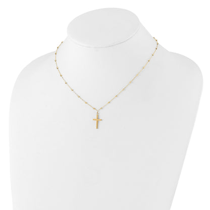 14K Mirror Beaded Chain with Polished Cross Pendant 16.25 inch Necklace Plus 2 inch Extender