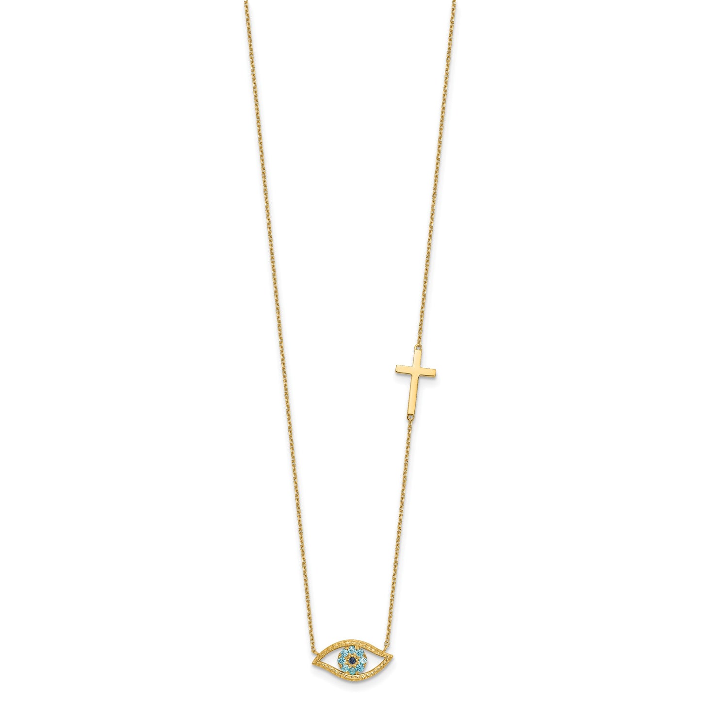 14K Polished Blue CZ Evil Eye and Cross 18 inch Necklace Plus 2 inch Extender