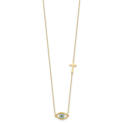 14K Polished Blue CZ Evil Eye and Cross 18 inch Necklace Plus 2 inch Extender