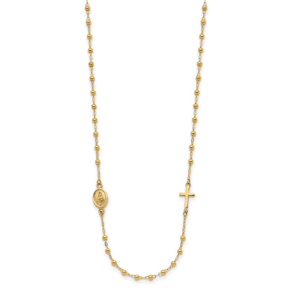 14K Polished Miraculous Medal and Cross Beaded Rosary Design 16.5 inch Necklace
