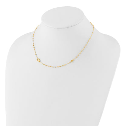 14K Polished Miraculous Medal and Cross Beaded Rosary Design 16.5 inch Necklace