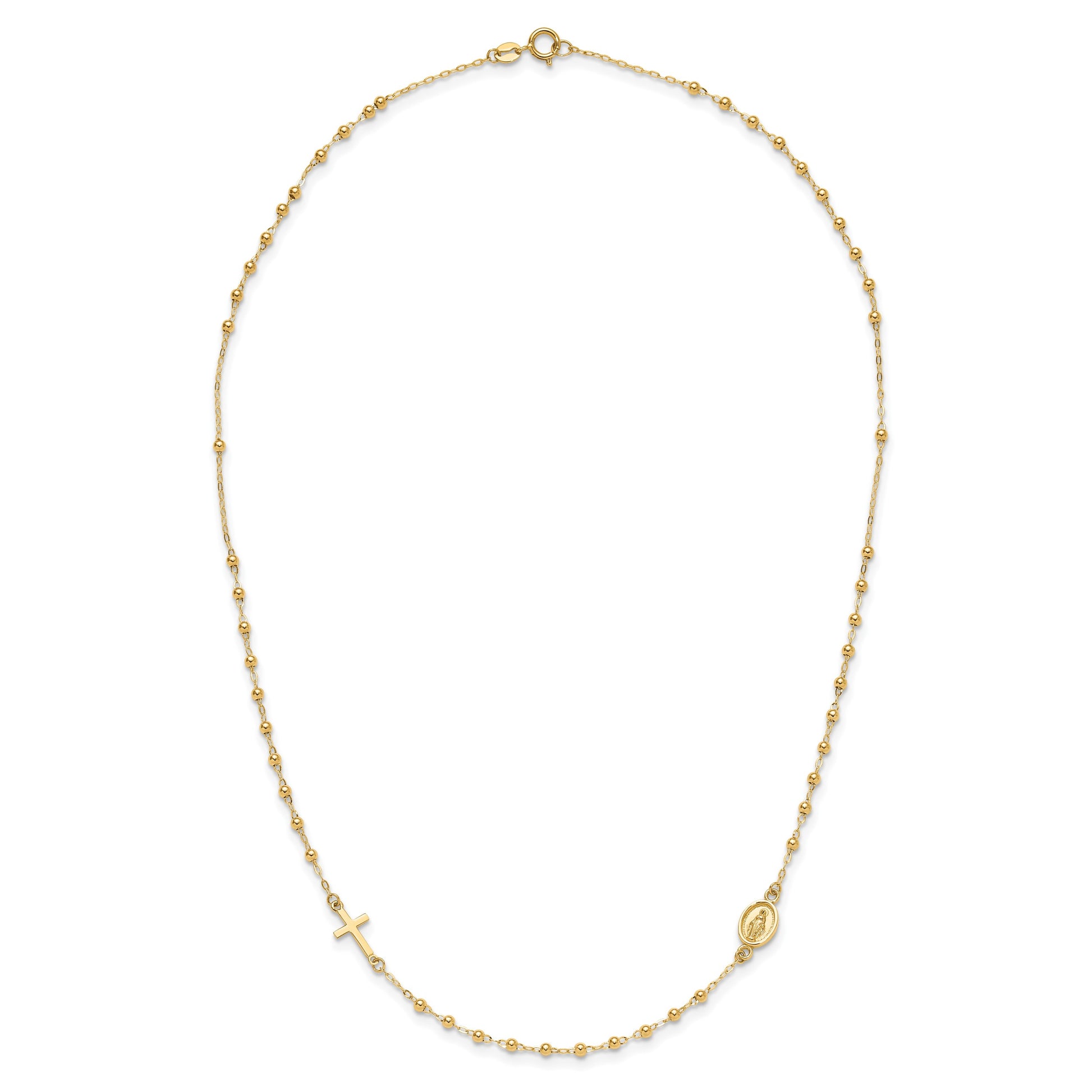 14K Polished Miraculous Medal and Cross Beaded Rosary Design 16.5 inch Necklace